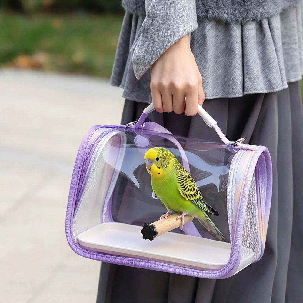 For Outings Bird Travel Carrier Transparent Breathable Parrot Cage with Wooden Perch Removable Tray Portable Bird Bag Vet Visits