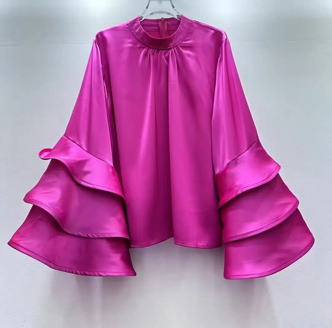 Francuski styl, jednolity kolor, prosty top, nowość na jesień 2025, luksusowa, luźna, wyszczuplająca koszula z falbanami - GZXX941