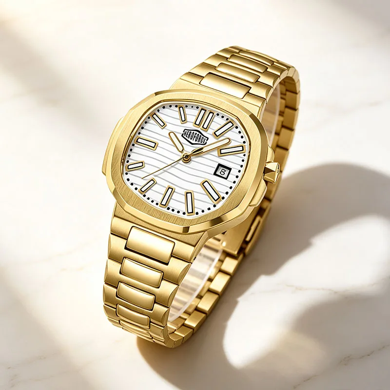 HEROFORCE New Men Watch Rhombus Business Quartz Wristwatch Waterproof Stainless Steel Luminous Luxury Mens Watch Boyfriend Gift