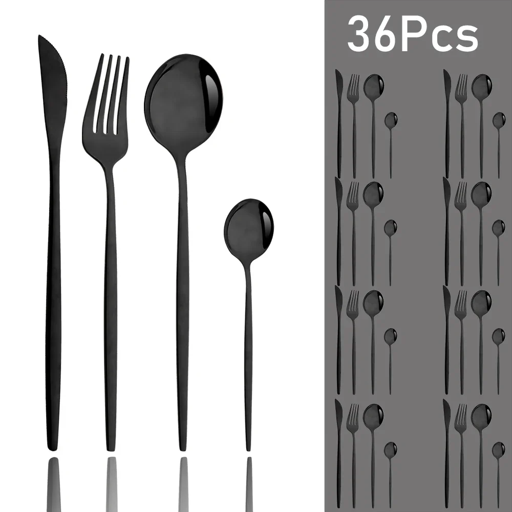 36Pcs Western Silverware Set Stainless Steel Cutlery Mirror Knife Fork Coffee Spoons Flatware Set Home Kitchen Dinning Tableware