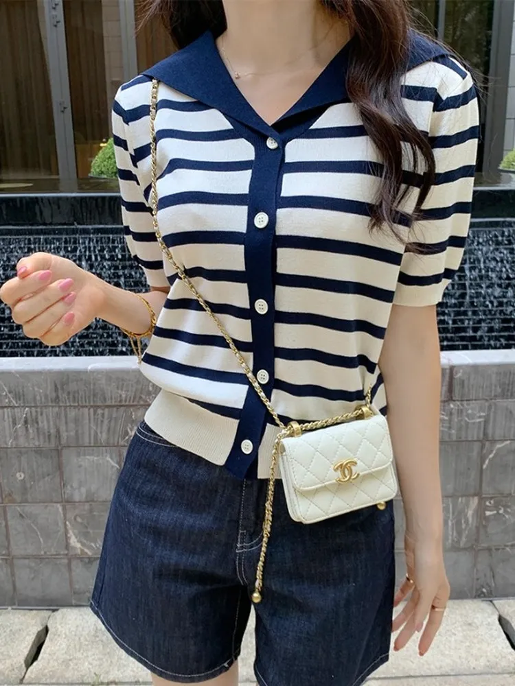 Women's Knitted Stripe Loose ort Sve Navy Collar Sweet Versatile Open Cardigan Top Color Blo Slimming Effectiven