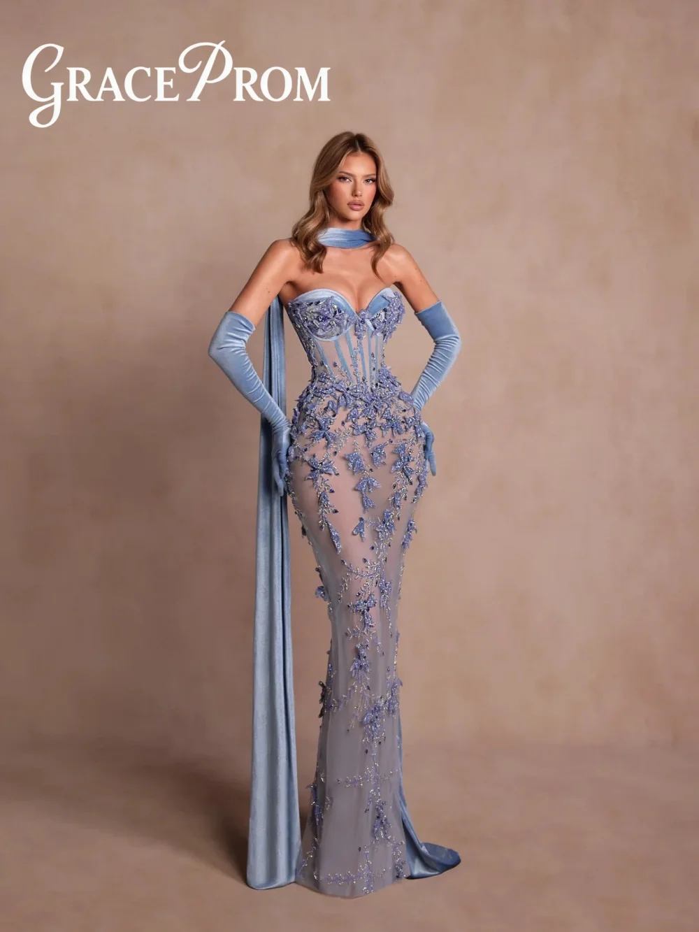 

Изысканное вечернее платье GraceProm 2026 с бисерной отделкой, роскошное, без бретелек, с бархатной накидкой, пыльно-голубое, для гостей на свадьбу, Robes De Soirée