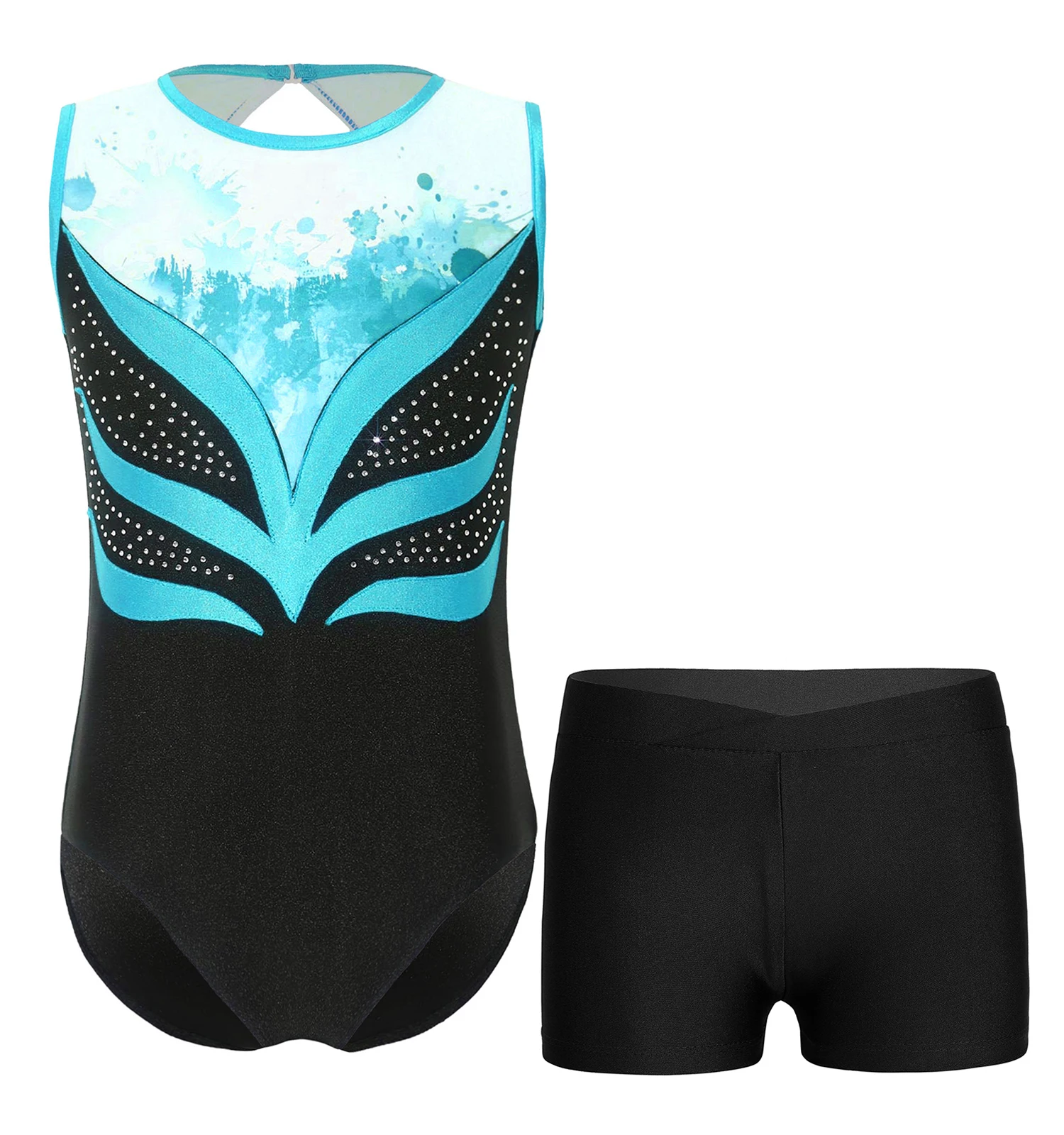 

Kids Girls Ballet Sets Gymnastics Workout Dancewear Suit Leotard and Shorts Outfits Rhinestones Sleeveless Bodysuit with Shorts