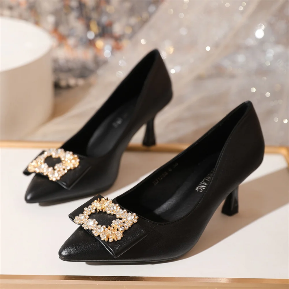 

5CM Mid High Autumn Leather High Heels Shoes for Women Luxury Metal Buckle Wedding Bride Ladies Black Classic Pumps Single Shoes