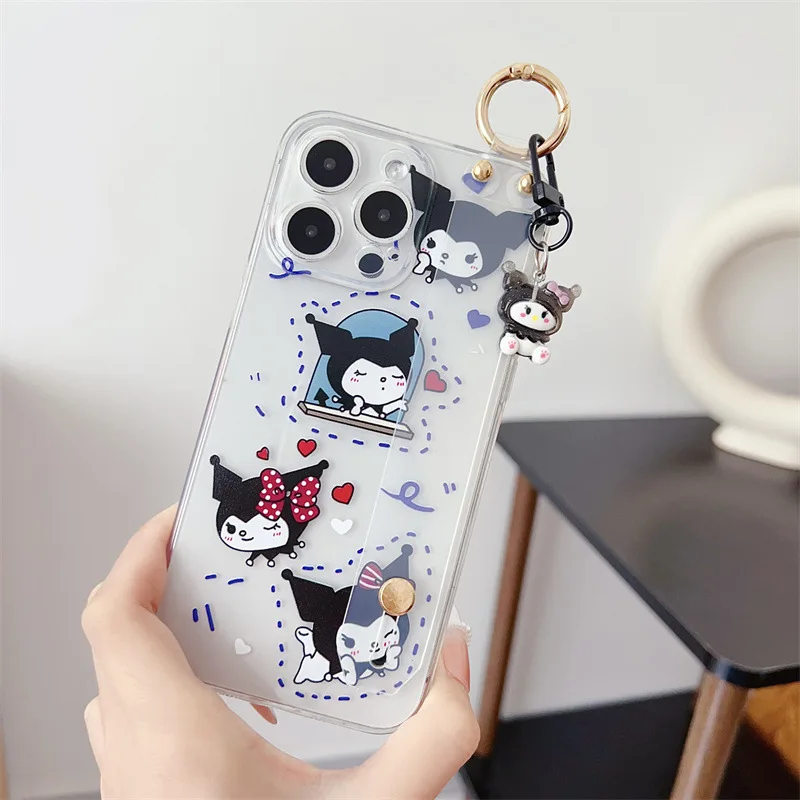Cute Cartoon Kuromi Melody Phone Case With Clear Strap Lanyard For iPhone 16 15 14 13 12mini 11 Pro Max XS XR X 6 7 8 Plus Cover