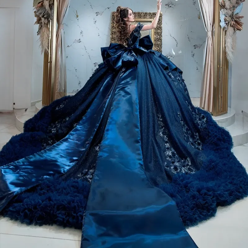 

Navy Blue Shiny Quinceanera Dresses Off The Shoulder Applique Flower Bow Tiered Tull Party Birthday Ball Gown Vestidos De 15