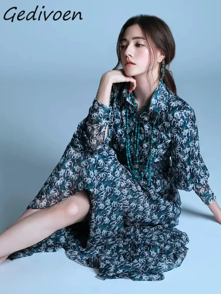 

Gedivoen Autumn Fashion Runway Elegant Floral Print Dress Women Lantern Sleeve Button High Elastic Waist Slim A-LINE Long Dress
