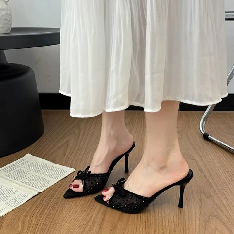 

Sexy Thin High Heel Summer Women Slippers Fashion Open Toe Dress Slides Ladies Elegant Butterfly-knot Stripper Party Sandals