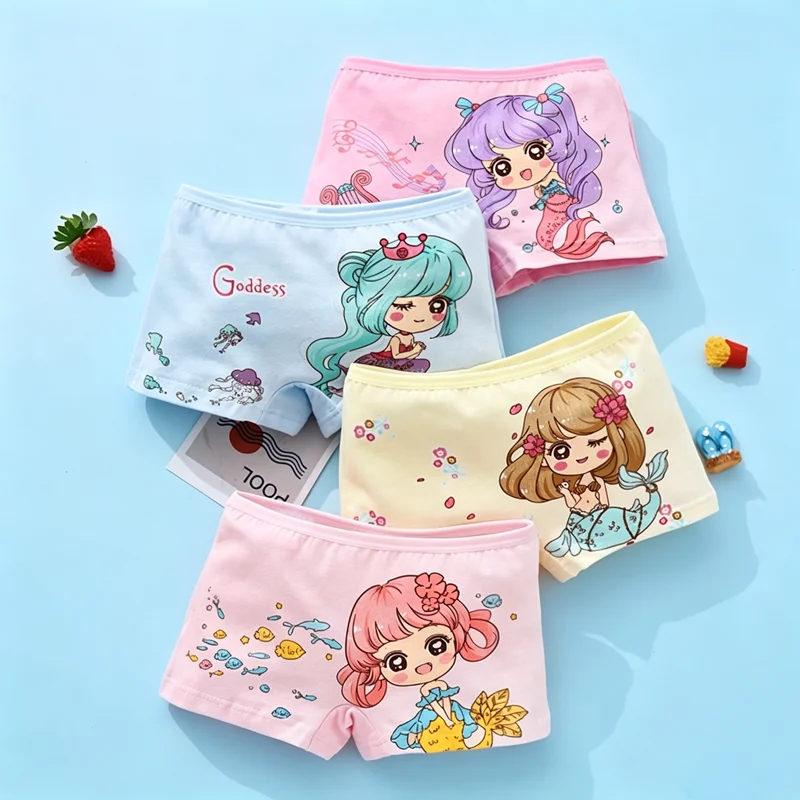 4Pcs/Set Kids Girls Cotton Underwear Cute Mermaid Print Pink Blue Boxer Briefs Breathable Soft Children Panties for Girl 2-10Y