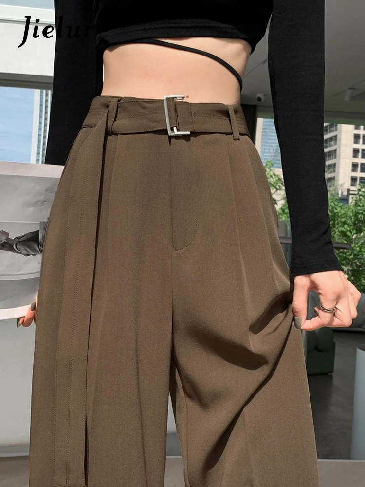 Jielur Black Straight Casual Belt Female Suit Pants Loose Fashion Autumn Solid Color Wide Leg Pants Basic Office Lady Grey Khaki