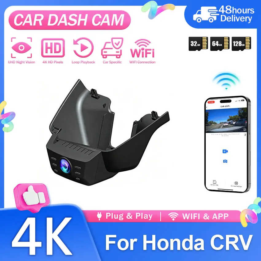 Plug and Play 2160P Special DVR Dash Cam Camera For Honda CRV Hybrid 6th Gen 2023-2026 App Control Rain Sensor Wire