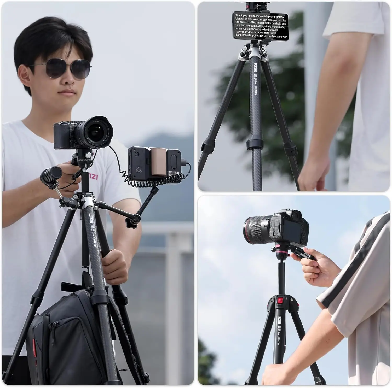 ขาตั้งกล้องคาร์บอนไฟเบอร์พร้อม Claw Quick Release กล้อง DSLR Mount 360 °   หัวบอลพาโนรามาพร้อมที่หนีบโทรศัพท์ Telepromp