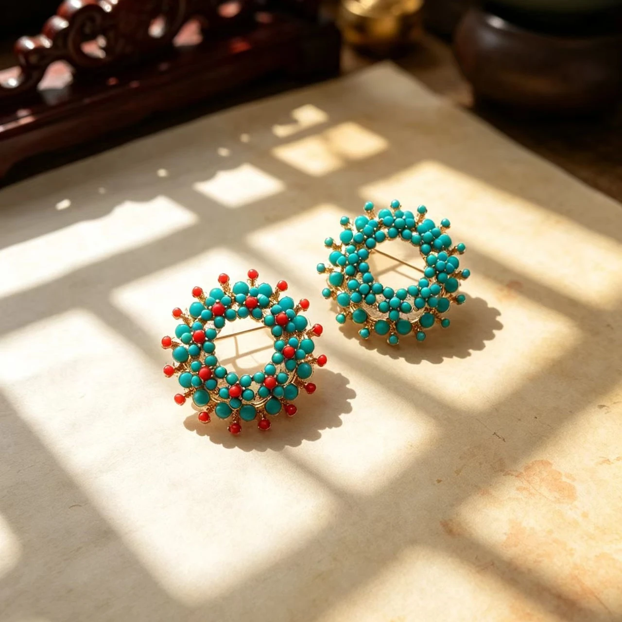 Vintage Chinese Style Wreath Brooch Imitation Turquoise Flower Pin Retro Ethnic Jewelry Women Dress Accessory Clothing Lapel