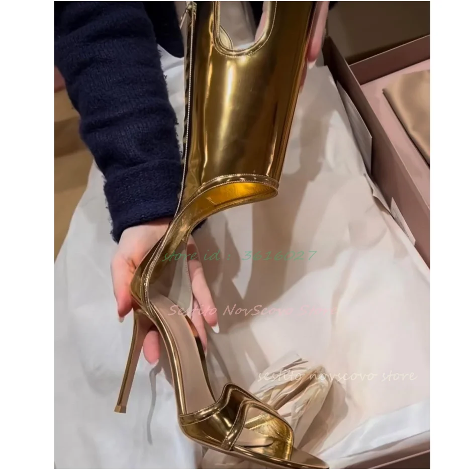 

Gold Open Toe Gladiator Knee High Sandals Hollow Cover Heels Stiletto Back Zip Summer Vintage Sandals Boots Sexy Women Shoes