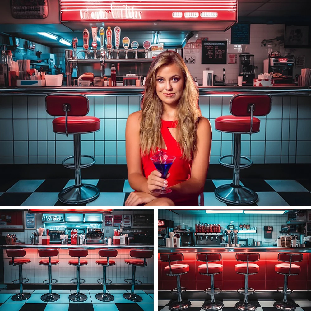 50'S Bar Soda Shop ฉากหลังสําหรับถ่ายภาพ American Diner Fast Food Portrait ถ่ายภาพพื้นหลัง Photo Studio Prop