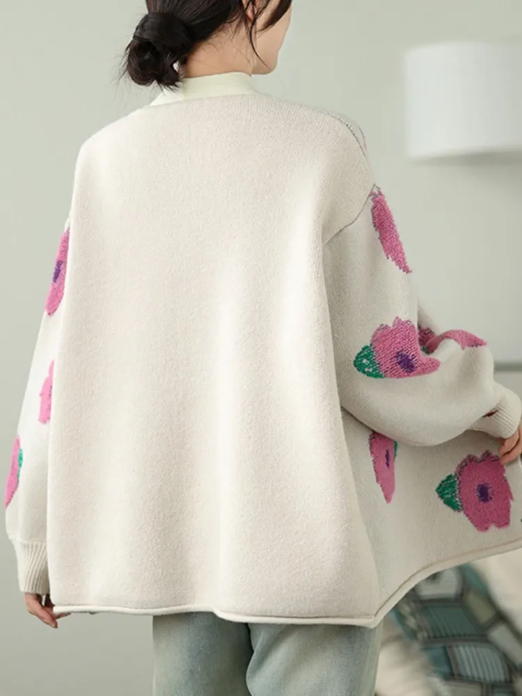 Oversized Flower Floral Print Knitted Autumn Cardigan Women Casual Loose Fashion Ladies Cardigans Long Sleeve Woman Sweater Coat