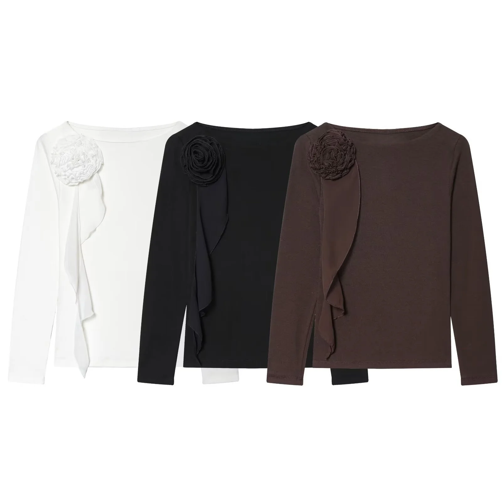 2025年冬新作 レディース カジュアルファッション シンプル オフショルダー スリムフィット 快適 長袖 3D花柄Tシャツ