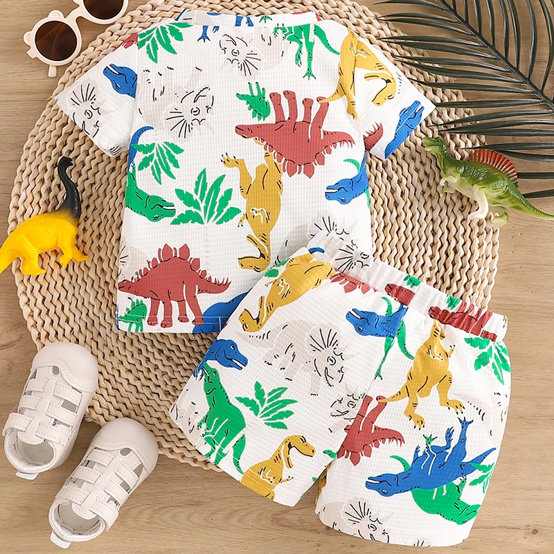 

Kids Toddler Boys Dinosaur Print Shorts Set Waffle Short Sleeve T-Shirt Top with Shorts 2Pcs Summer Outfits