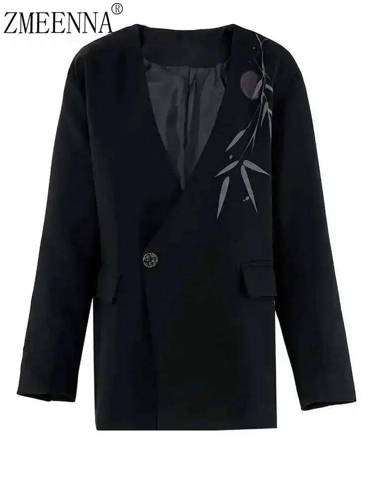 

ZMEENNA Women's Black Asymmetrical Wrap Front Blazer With Bamboo Print Design V Neck Single Button Long Sleeve Casual ZM3288