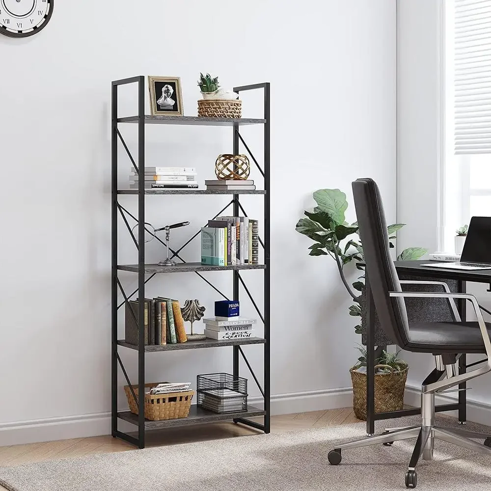 5-Tier Industrial Bookshelf Storage Shelves Home Office Living Room Particle Board Steel Frame Charcoal Gray Durable Modern