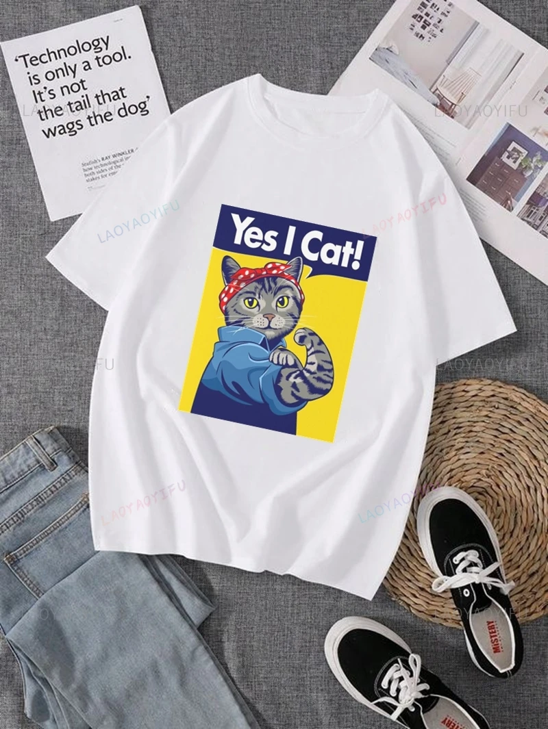 Yes, My Cat, Meow! Fun and Stylish Tops, Casual Unisex Shirts, Top Vintage Cotton Short-sleeved T-shirts for Spring and Summer
