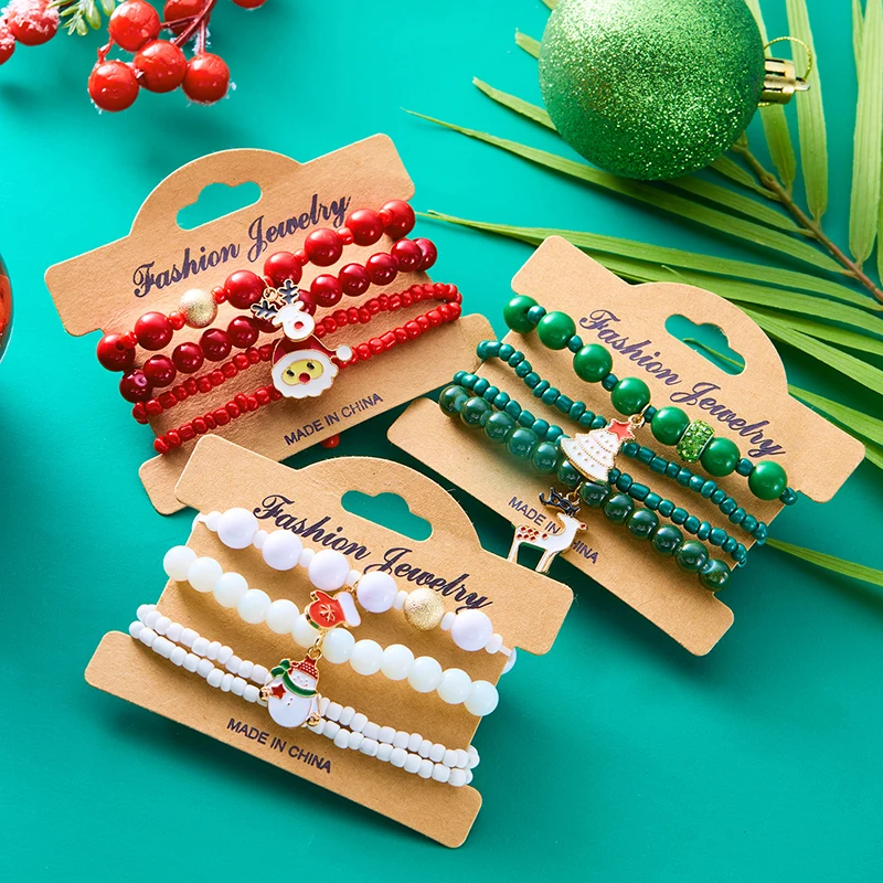 4Pcs/Set New Year Jewelry Gifts Christmas Colorful Beads Bracelets For Women Handmade Snowman Santa Claus Elk Pendant Bracelet