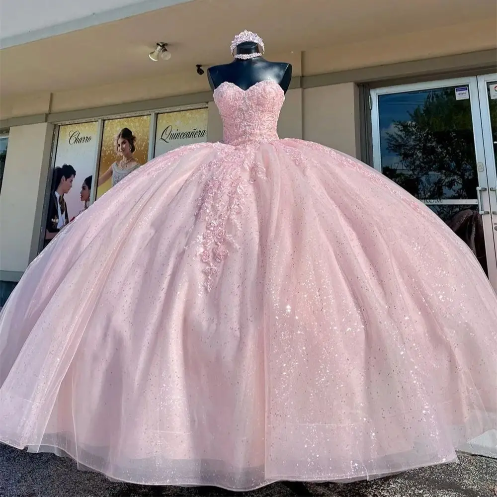 ANGELSBRIDEP-vestido De quinceañera rosa brillante, para fiesta De cumpleaños, 15 años, corsé, largo hasta el suelo