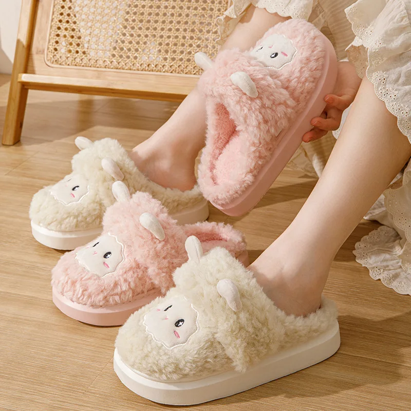 Kawaii Cartoon Lamb Fuzzy Slippers Women Winter Plush Warm Cozy House Shoes Woman Soft Comfortable Furry Indoor Slippers 2024