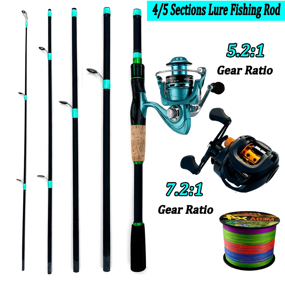 Fishing Rod Reels Combo 4/5Sections Ultralight Trave Rod Spinning/Baitcasting Reel Kit With PE Line Carp Fishing Pesca1.8/2.1m