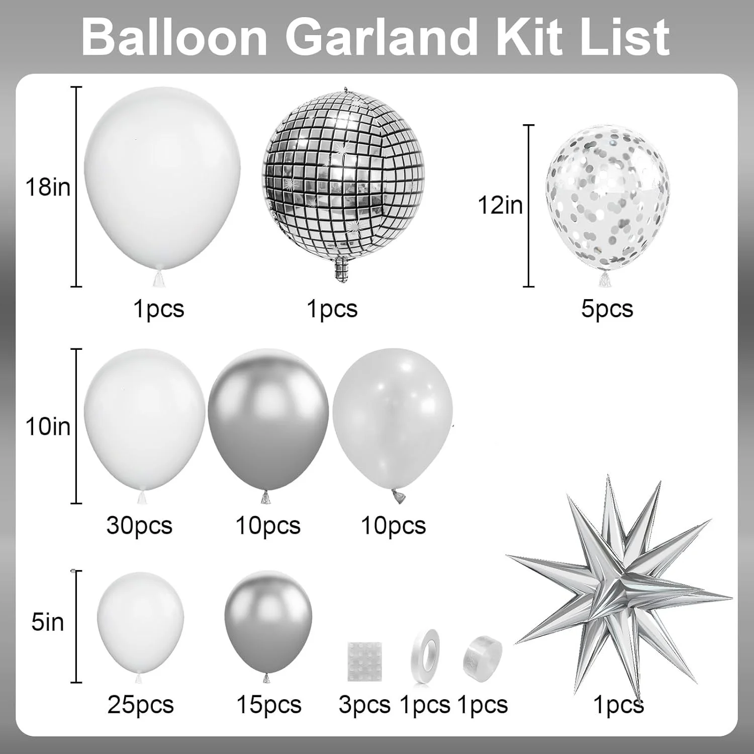 98Pcs White Silver Balloons Arch Kit for Birthday Wedding Graduation Celebration New Year, Christmas, Halloween Decor