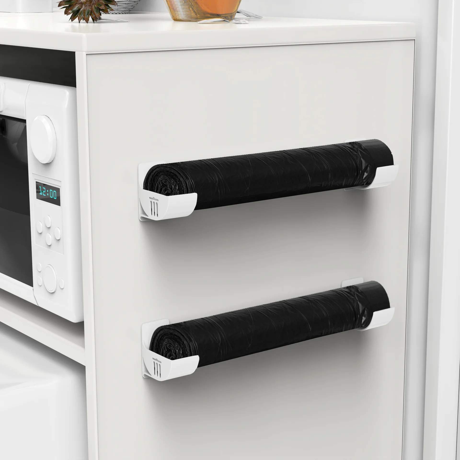 2 packs of non-punching storage brackets, plastic wrap garbage bags, cabinet storage shelves and refrigerator side storage racks