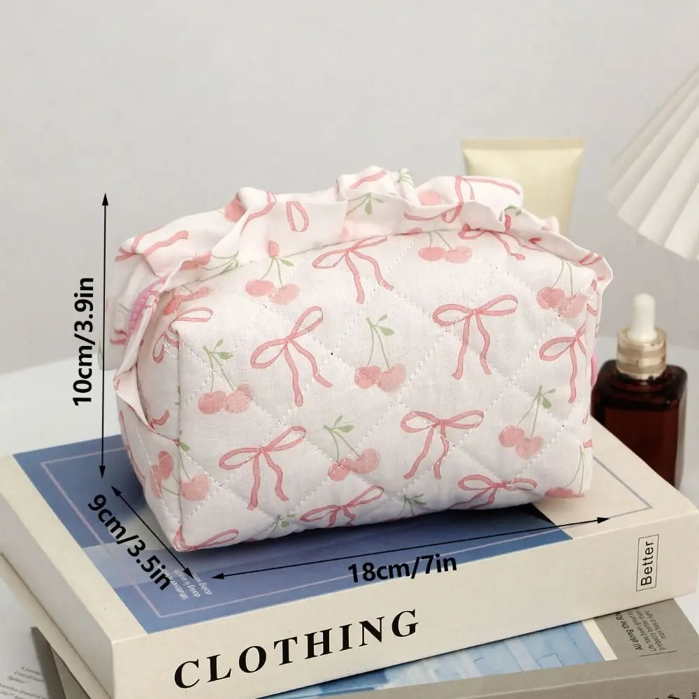 Portable Bow Quilted Cosmetic Bag Makeup Organizer Large Capacity Travel Toiletry Bag Lightweight Zipper Ruffles Storage Bag