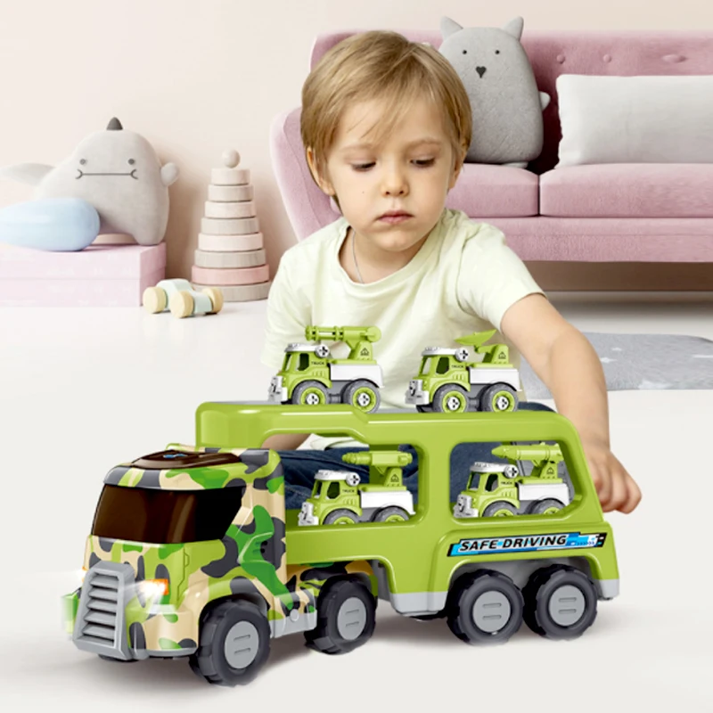 Model Toy Set  English Assemble Children's Cartoon Double-Layer Camouflage Transport Vehicle Inertial Military Vehicle B127