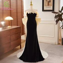 Customized  Black Velour Elegant Mermaid Evening Dress Slim Strapless with Detachable Bow Fishtail Party Formal Gowns for Women