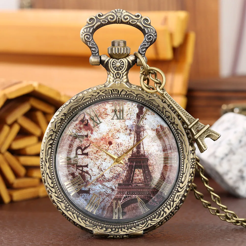 Vintage Paris Famous Scenic Spot Pocket Watch Steampunk Pendant Necklace Watch Accessory Exquisite Collectibles Male Female Gift