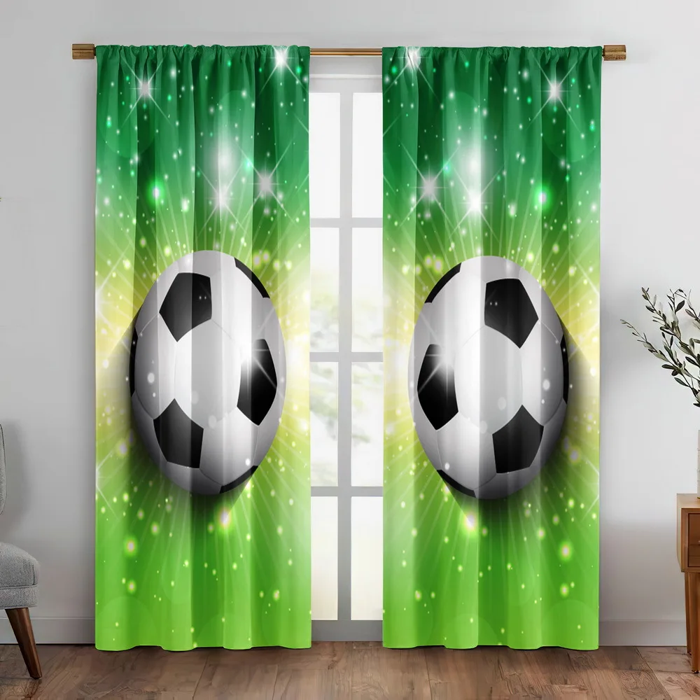 3D Soccer Ball Curtains, Green Stadium Light Print Blackout Drapes for Boys Room, Sporty Football Home Decor
