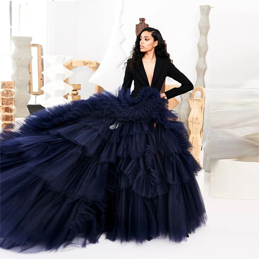 Navy Blue Deep V Neck Evening Gowns Long Sleeves Puffy Ruffles Sweep Train Prom Dresses Women Formal Occasion Party Dress