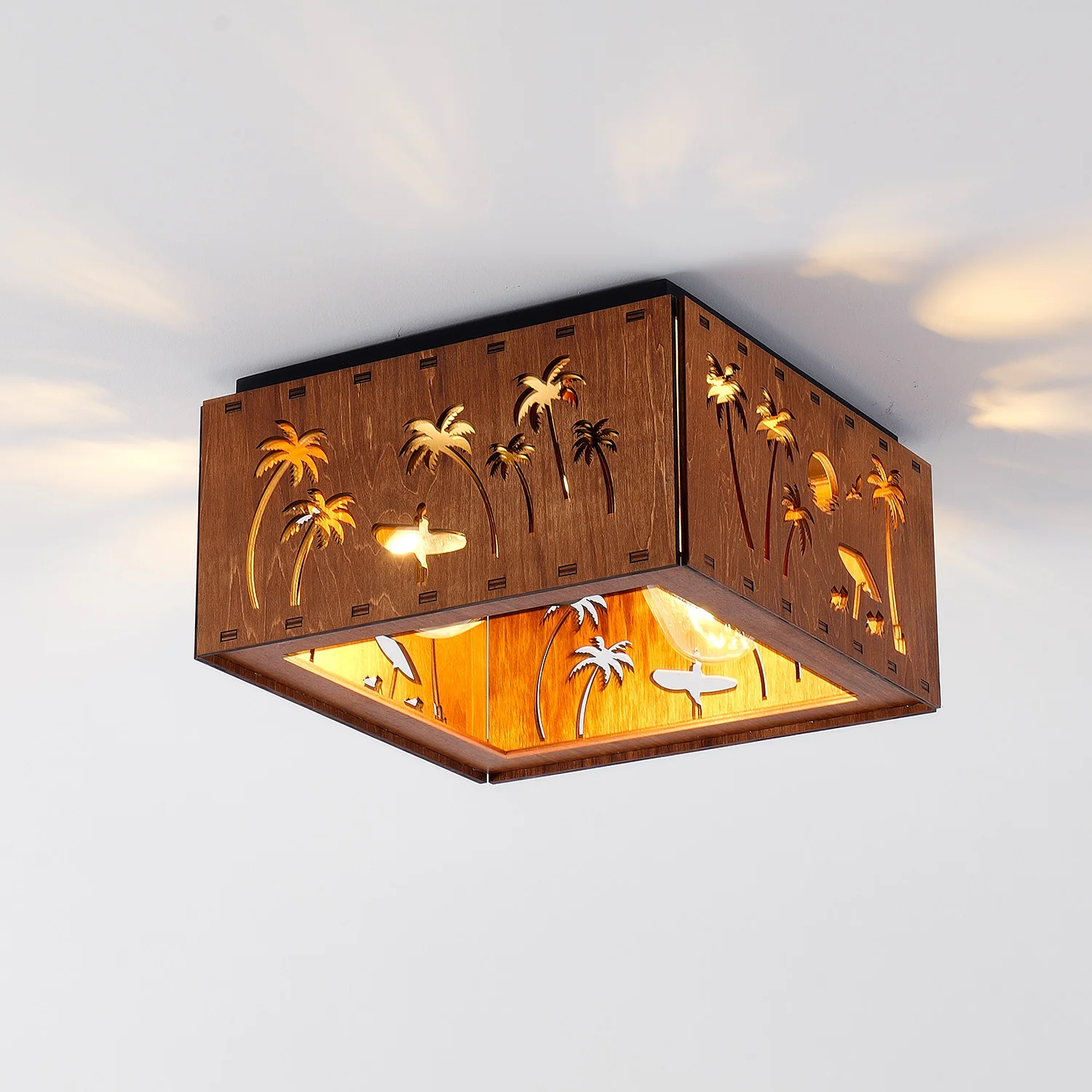 Rustic Wood Flush Mount Ceiling Light Palm Tree Cutout Square Ceiling Lamp E26 110V Farmhouse Close to Ceiling Lighting for Porch Bedroom Living Room