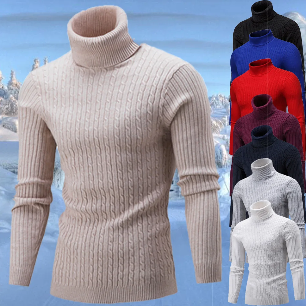 Свитер с высоким воротником, мужской классический вязаный пуловер, топы, теплый свитер с высоким воротником и длинным рукавом