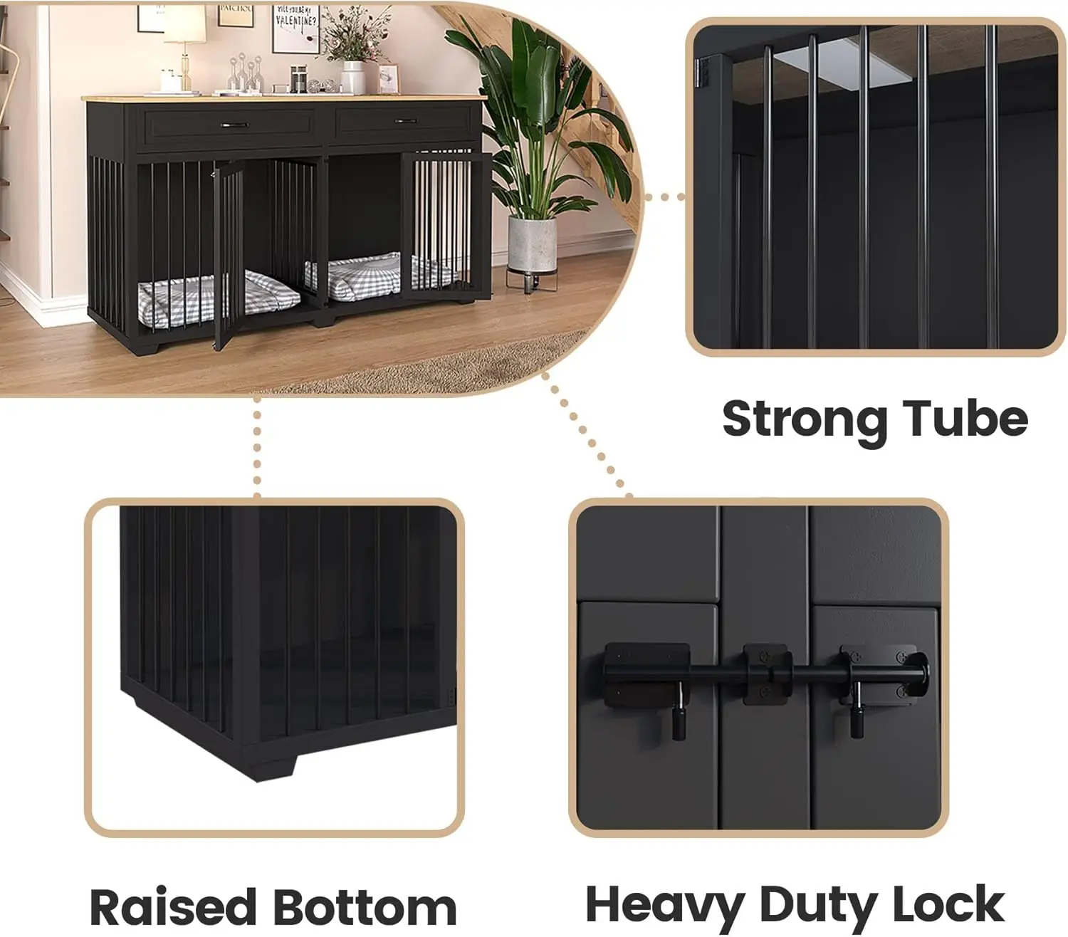 أثاث صندوق الكلاب، بيت كلب خشبي كبير عالي التحمل مقاس 72 بوصة مع أدراج ومقسم، صندوق كلب على شكل أثاث داخلي