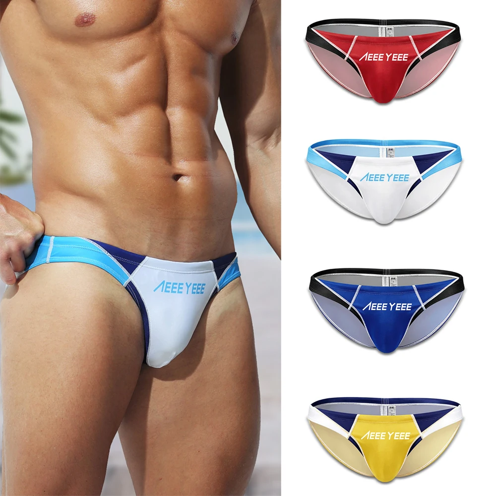 Men's Sexy Satin Beach Low Waist Underwear Breathable Quick Dry Briefs Patchwork Bikini Soft Professional Racing Swimming Trunks