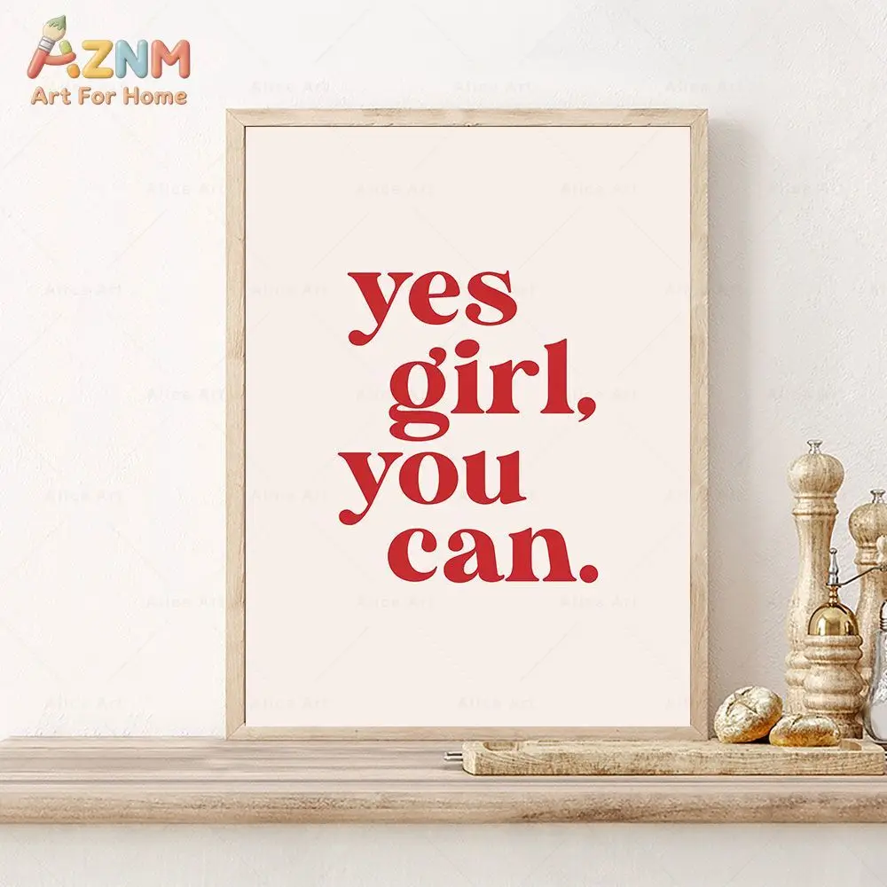 AZNM Yes Girl You Can Quote Canvas Wall Art Retro Red Text Motivational Inspirational Print Frameless Canvas Painting Bedroom Of
