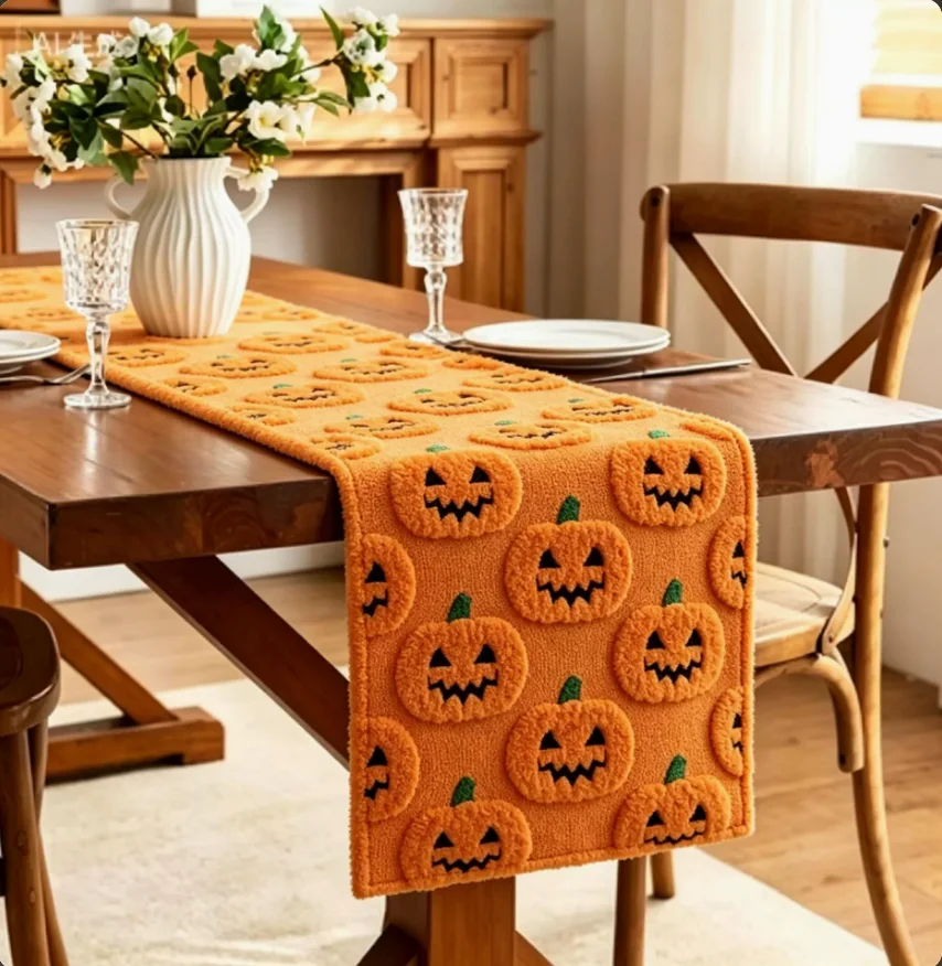 2026 New Halloween Plush Table Runner 3D Raised Lantern Pumpkin Table Scarf Fall Thanksgiving Dining Table Decor Party Tableclot