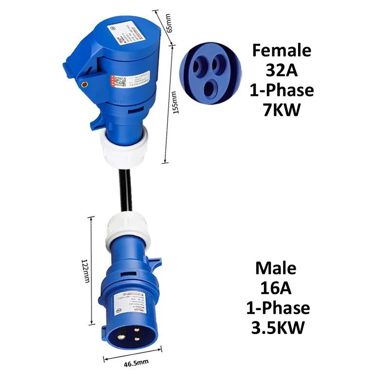 EV Charging Adapter Male 16A 1-Phase Blue 3.5KW CEE Plug to Female 3-Phase Red 16A 11KW / 32A 22KW / 1-phase Blue 32A 7KW Socket