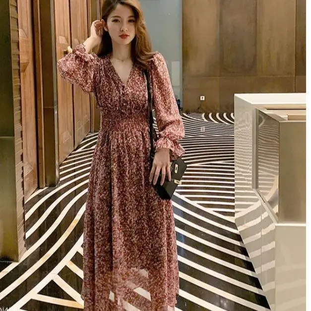 Floral Dress with Fashionable Long Sleeves Vintage Style Slimming Print Fairy Long Skirt Super Fairy New Minimalist Dresses