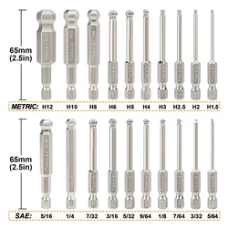 20Pcs Ball End Hex Screwdriver Bits Set 65mm Length SAE and Metric Hex Bit Set Magnetic Allen Wrench Drill Bits