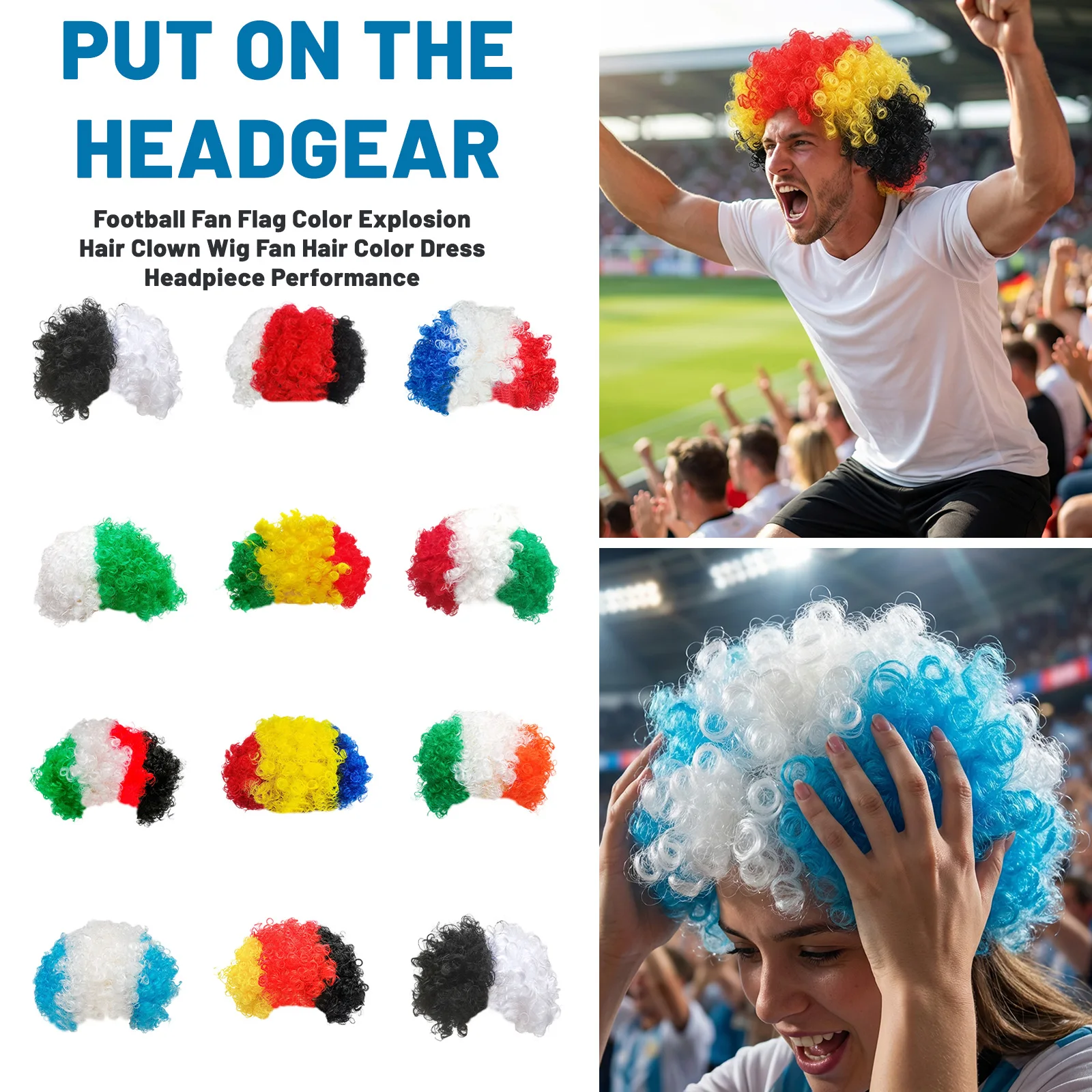 Creative Wig Football Fan Flag Color Hair Wig Fan Hair Colored Headpiece Performance Party Decoration Photo Props
