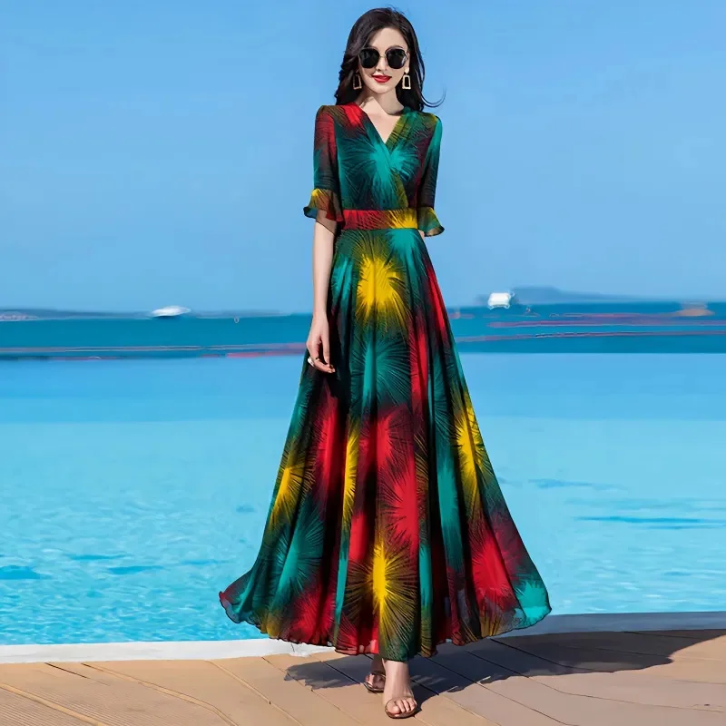 Floral Dress 4XL Women\'s 2025 Summer Chiffon V-Neck Dress High end Style Celebrity Splice A-line Skirt for Women Elegant Mujer
