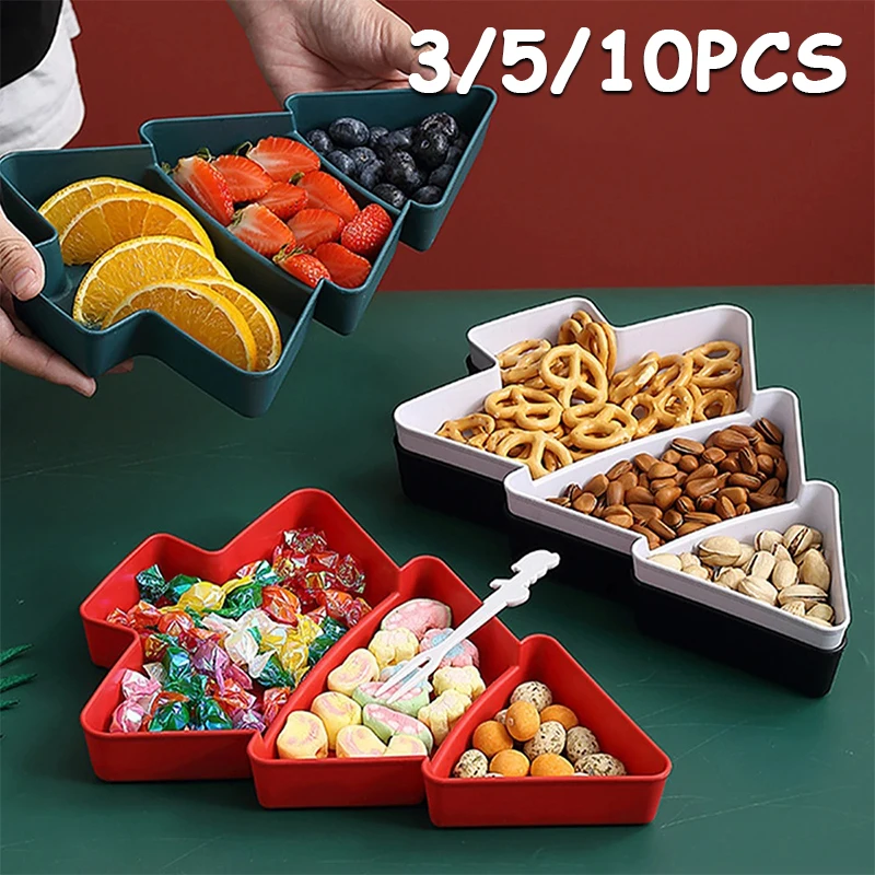

3/5/10PCS Christmas Tree Serving Tray Multi Compartment Plastic Dish for Snacks Candy Nuts Xmas Party Home Table Decorations