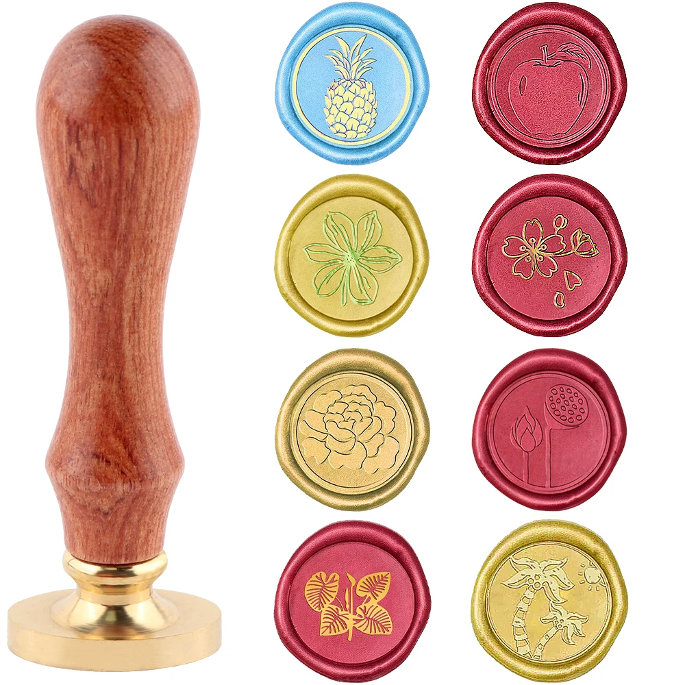 2 pack Fruit Flower Round Brass Wax Seal Stamp Head with Wooden Handle Sealing Wax Stamps Head for Wedding Decorative Invitation